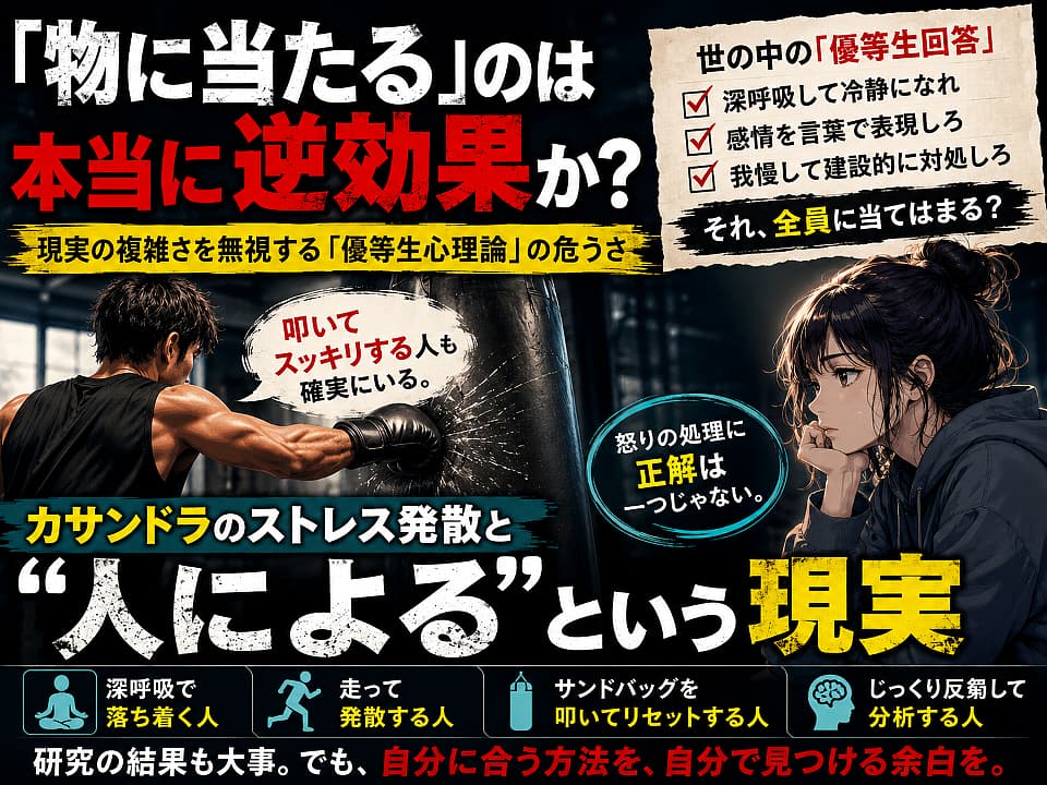 怒りを物に当てることの是非について、サンドバッグを叩く男性と悩む女性を描いた心理考察記事のサムネイル画像。カサンドラのストレス発散や「人による」怒りの処理方法を表現している。