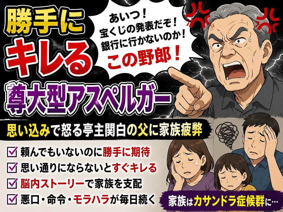 勝手な思い込みで怒鳴る尊大型アスペルガーの父をイメージしたイラスト。雷が走る背景の中、怒った高齢男性が指を差して怒鳴り、疲れ果てた家族が肩を落としている。思い込みでキレる父と、振り回される家族のストレスやカサンドラ症候群を表現したサムネイル。