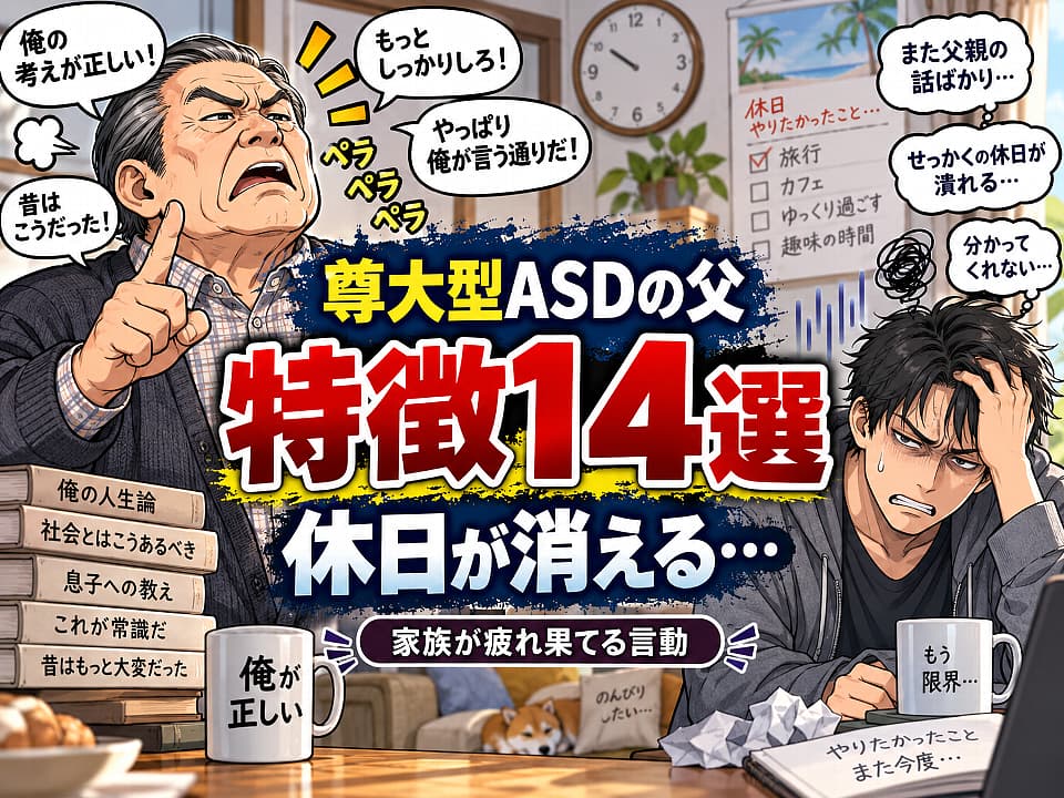 尊大型ASDの父が一方的に話し、疲れ果てた息子が頭を抱えるイラスト。「特徴14選」「休日が消える…」の文字入り。