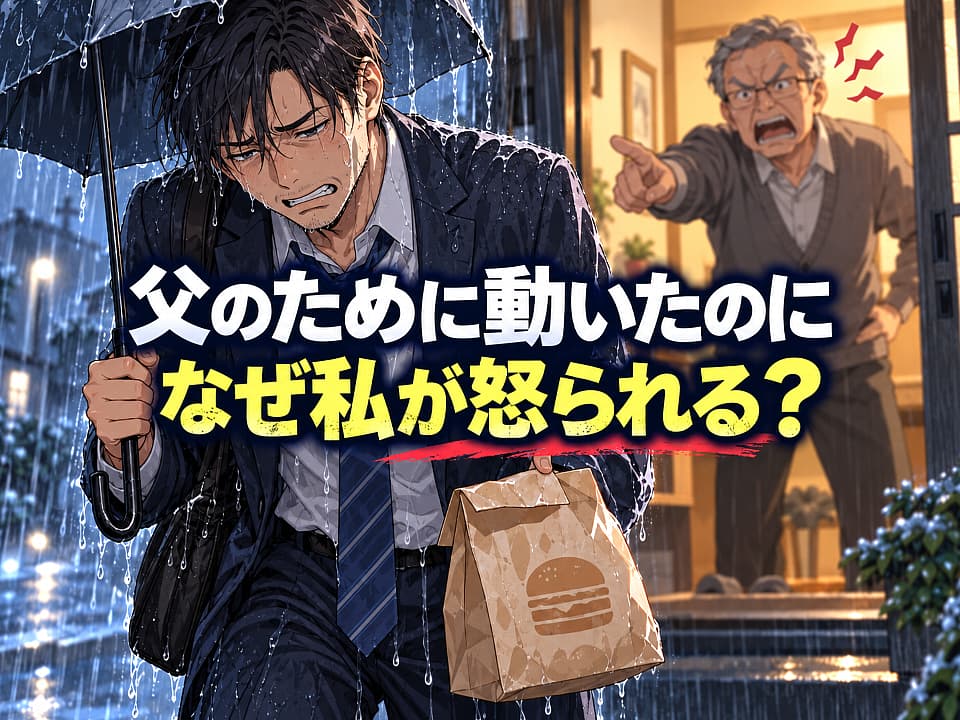 尊大型アスペルガーの父のために大雨の中買い物をしたのに、帰宅後に理不尽に怒られる男性のイラスト