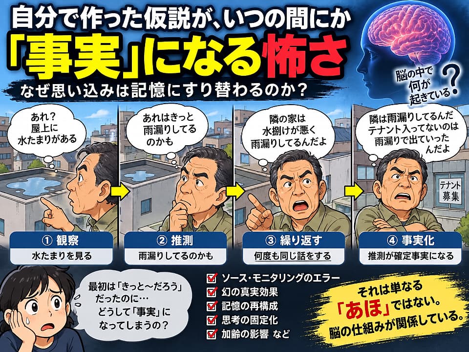 自分で作った仮説が繰り返すうちに事実へ変わる認知の仕組みを、水たまりから雨漏りを思い込む例で解説したイラスト