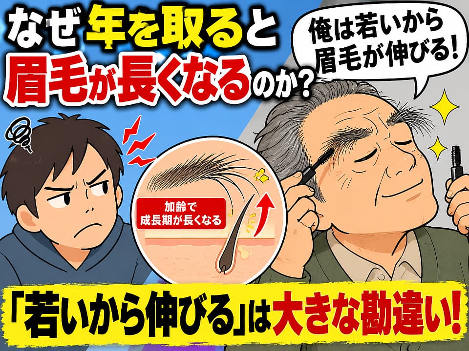 眉毛が長くなるのは若さではなく加齢が原因だと解説する漫画風サムネイル。長い眉毛にマスカラを塗る高齢男性と困惑した若者、毛周期のイラストを使い、「なぜ年を取ると眉毛が長くなるのか？」「『若いから伸びる』は大きな勘違い！」という内容を表現している。